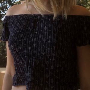 navy blue, patterned, off the shoulder, crop top